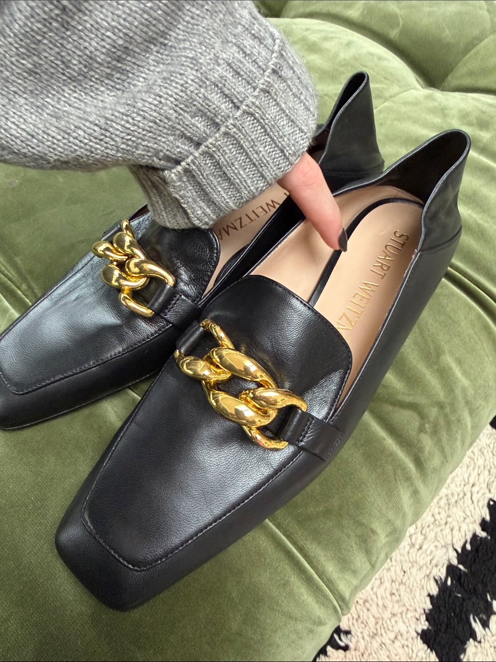 Stuart Weitzman Black Leather Loafers with Gold Chain